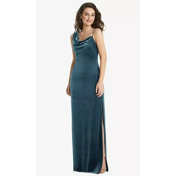 Social Bridesmaid Asymmetrical One-shoulder Velvet Maxi Slip Dress Dutch Blue S - Picture 1 of 11